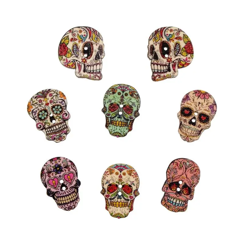 

50pcs Mixed Skull Painted Wooden Buttons Natural Decorative For Sewing Scrapbooking Crafts Buttons Decoration Buttons 2 Holes