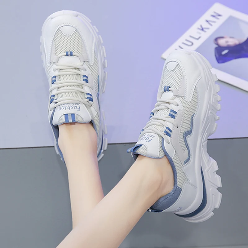 

Lucyever Breathable Mesh White Sneakers Women Autumn 2021 Lace Up Platform Sport Shoes Woman Chunky Heels Trainers for Running