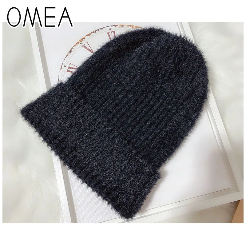 Однотонная Вязаная Шапка бини OMEA для женщин зимние шапочки из кроличьего меха