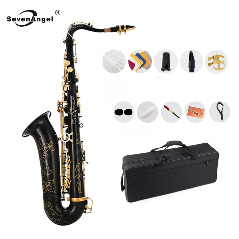 

Professional Tenor Saxophone Bb Tune B Flat Sax Black Nickel Gold Surface High Quality Brass Instruments With Case