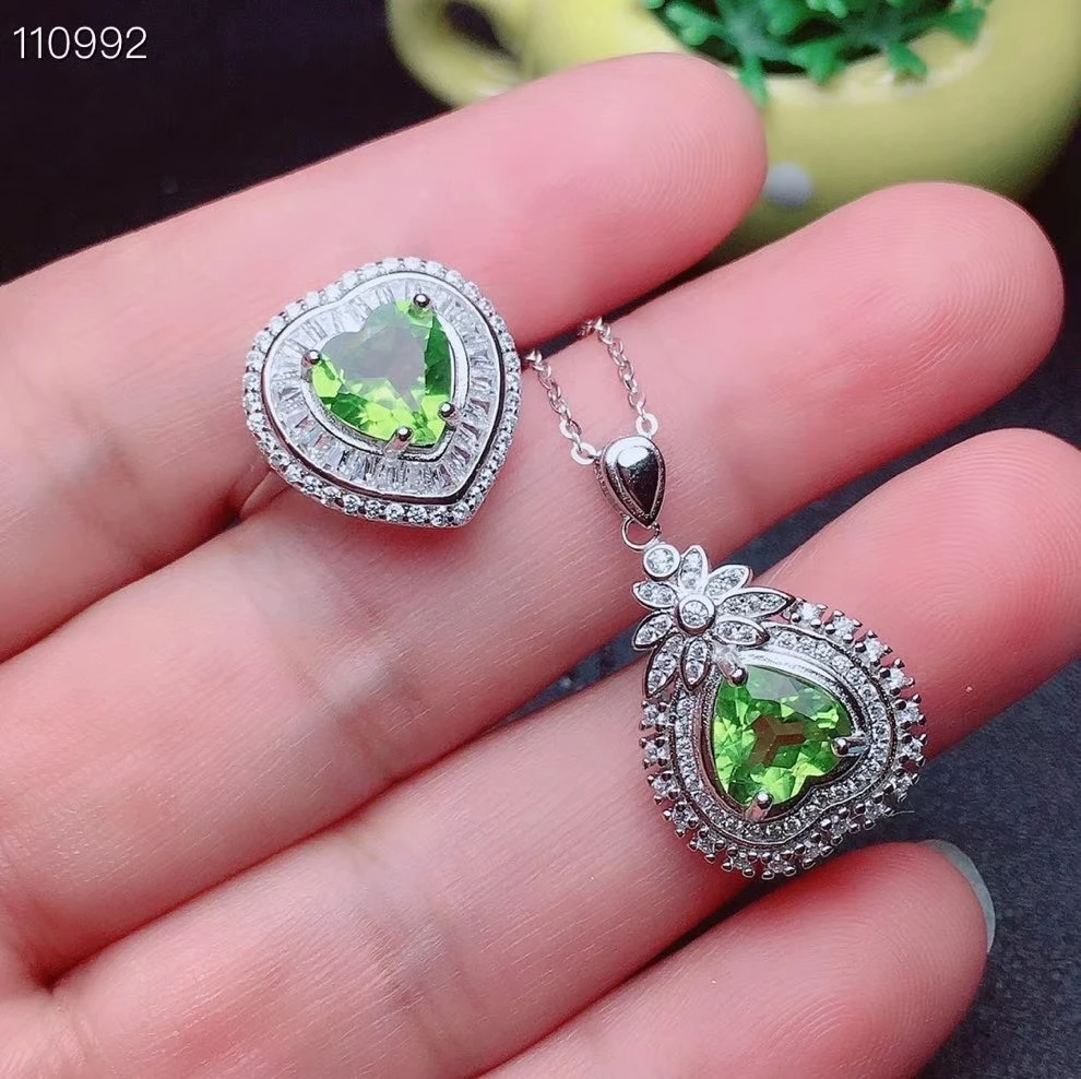 Очаровательный Зеленый Перидот кольцо и ожерелье из драгоценных камней комплект