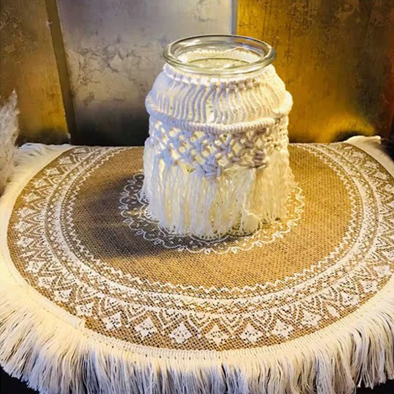 

Bohemian Flower Table Mat Cotton Woven Linen Placemat Round Insulation Dining Non-Slip Tassels Delicate Kitchen Decoration