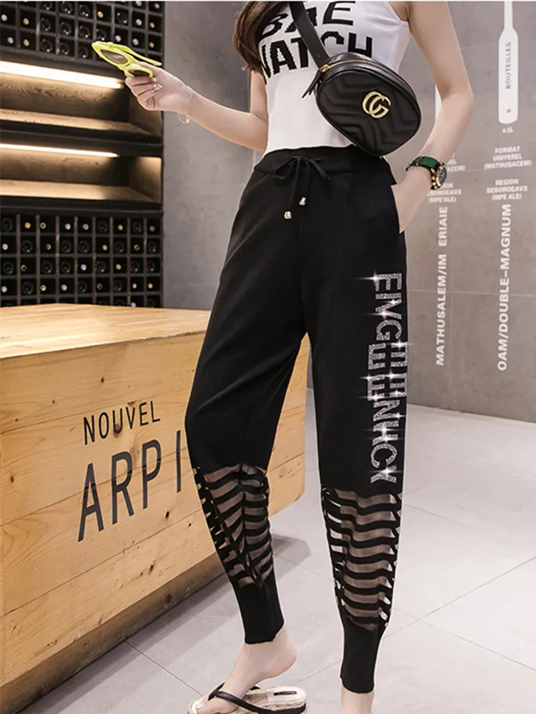 Брюки женские большого размера тонкие сетчатые спортивные штаны для отдыха с