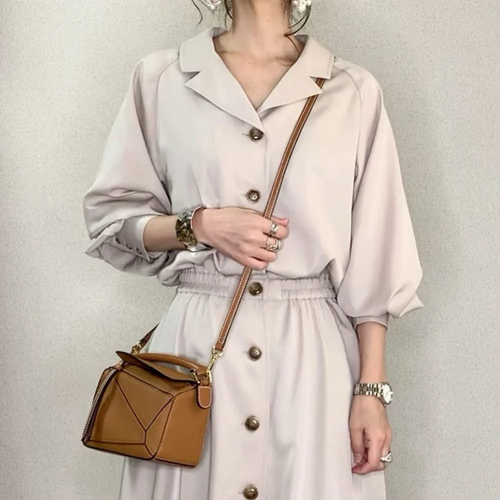 

Dresses Women 2021 Japanese Trench Coat Style Single-breasted Lapel Button V-neck Spring High-waist Elastic Fashion Female Wear