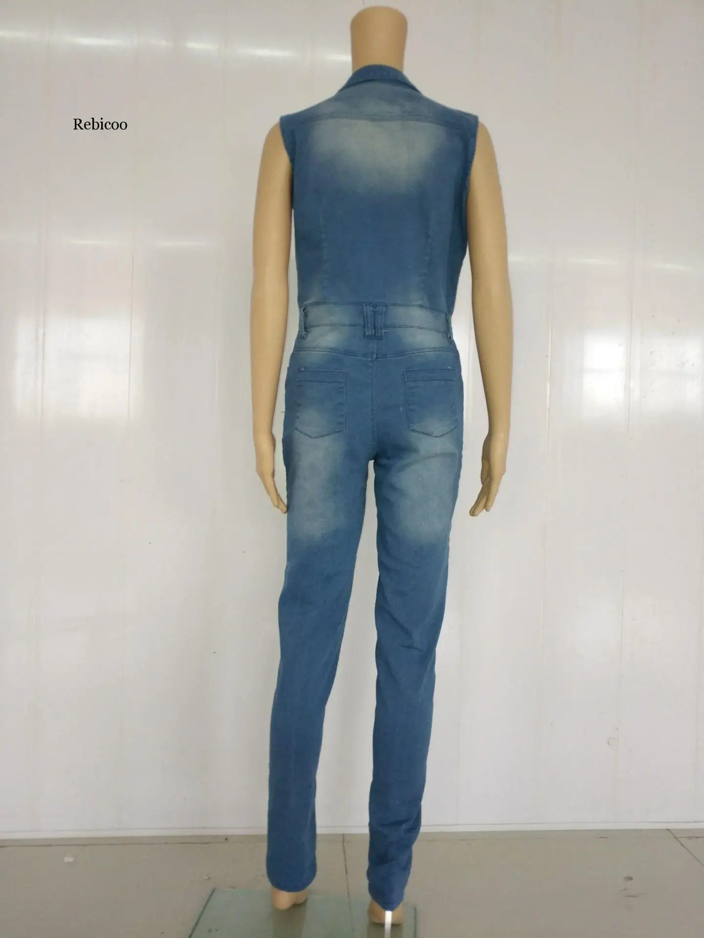 

Summer V-neck Hole Pencil Denim Jumpsuits Women Sexy High Waist Zipper Jeans Jumpsuit Sleeveless Casual Rompers Overalls