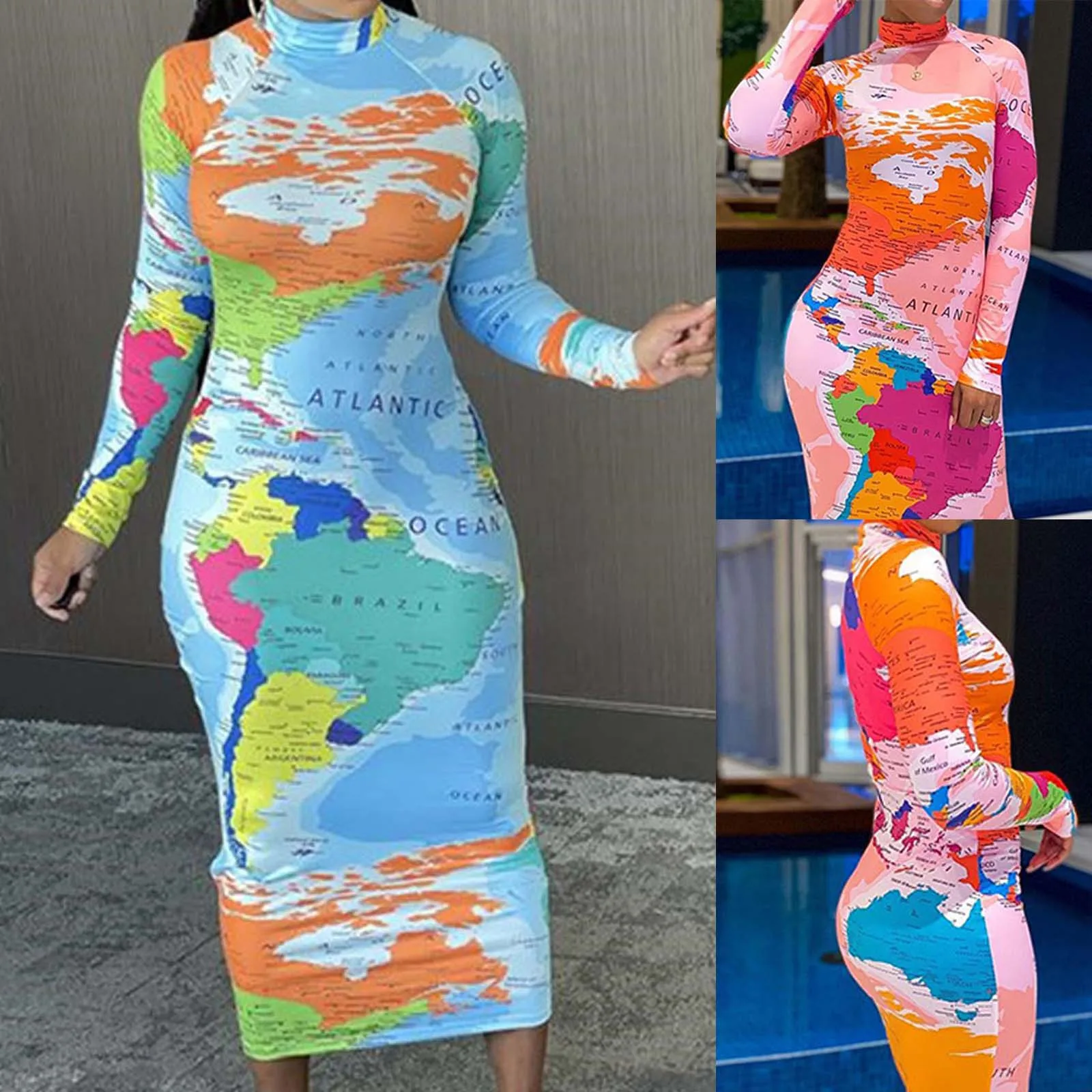 Модное облегающее платье с принтом карты женское модное однослойной юбкой