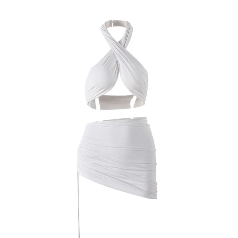 

2Pcs Women Summer Outfit Sexy Skirt Suit Solid Color Halter Neck Crop Tops + Short Skirt with Drawstring for Girls