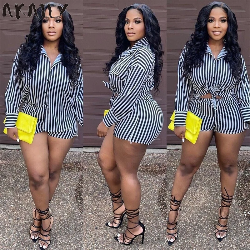 

Akaily Summer Streetwear Striped 2 Two Piece Sets Womens Outfits Loose Button Shirt Shorts Sets Female Casual Matching Sets 2021
