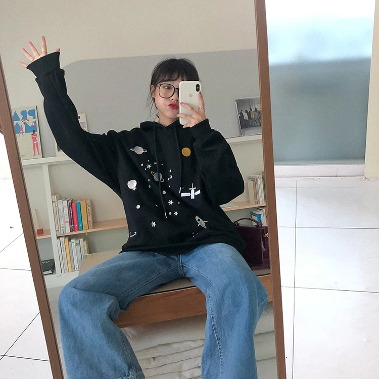 Mooirue для женщин Свободные толстовки звезда дирижабль вышитые Harajuku утолщаются пуловер Повседневная Уличная корейский стиль толстовка