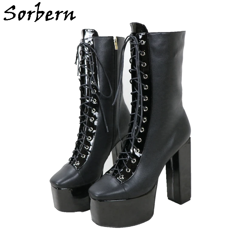 

Sorbern Square Heel Boots Women Made-To-Order Block High Heels Lace Up High Ankle Boot Unisex For Crossdresser Platforms