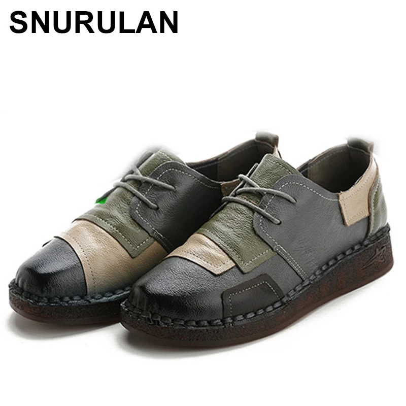 

SNURULAN зимние женские ботинки из натуральной кожи на плоской подошве из бархата со шнуровкой Рабочая обувь осень Повседневная Удобная хлопко...