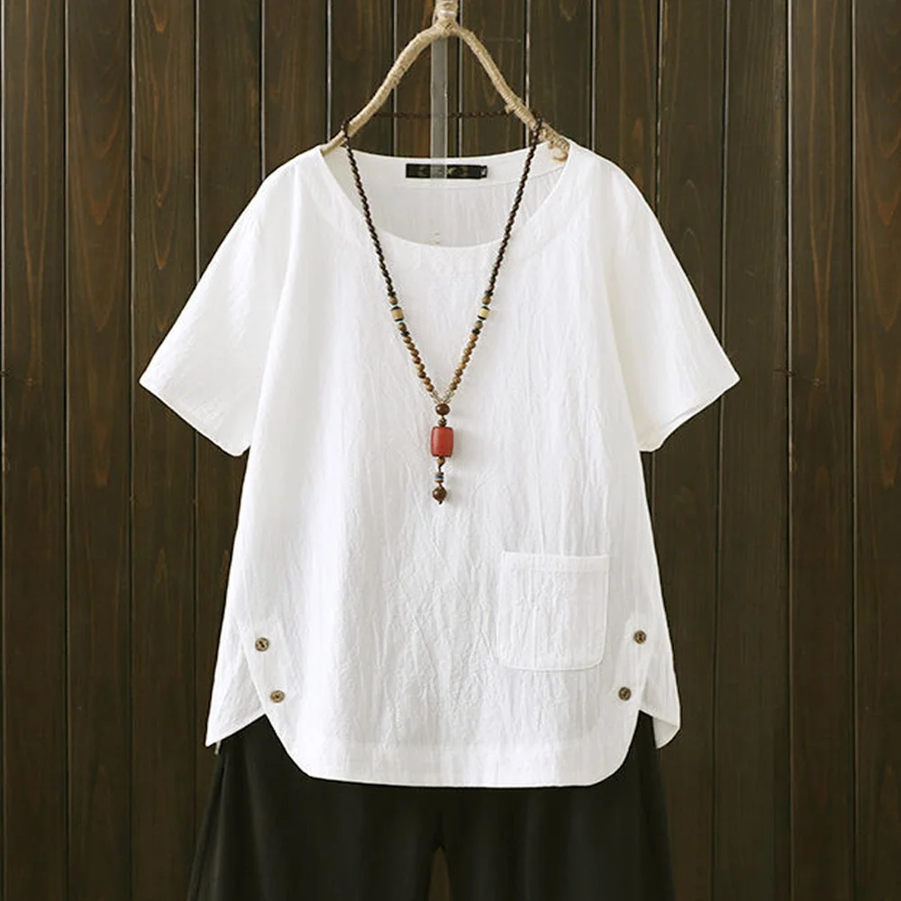 

Блузка женская из хлопка и льна, с круглым вырезом и коротким рукавом, летняя, белая, свободная, размера плюс