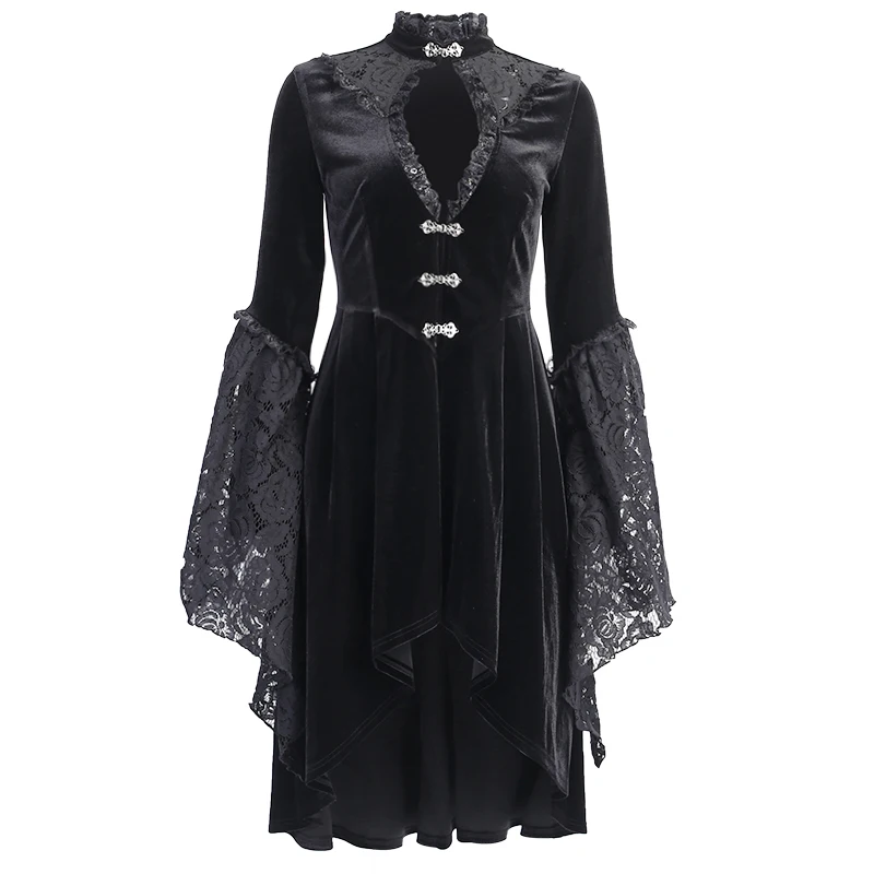 Stylish Black Frock Lace Stitching Dress Gothic Lolita Dress Hollow Pleated Dress Dark Streetwear Irregular Frock