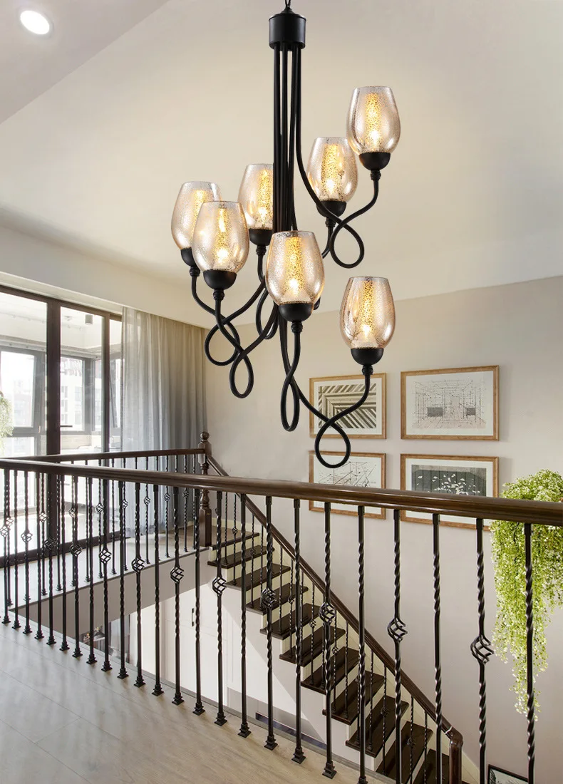

Modern Simple American Art Black Iron Pendant Light Glass Cup For Staircase Dinging Room Bar Hanging Lighting E27 Ing hanging
