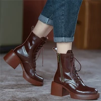 high top creepers women lace up genuine leather high heel motorcycle boots female winter round toe platform pumps casual shoes