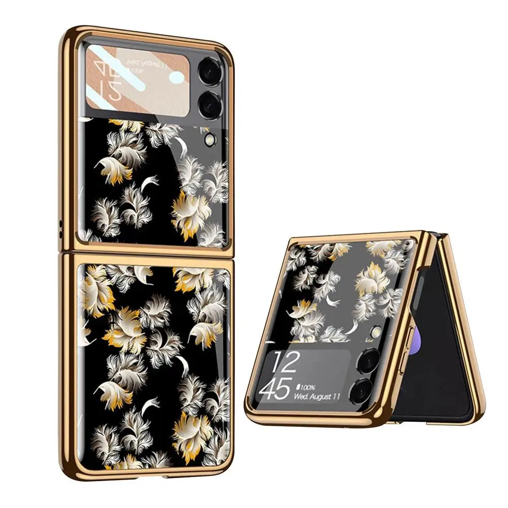 z flip 3 case for samsung galaxy z flip 3 5g glass painted phone case fashion floral back cover case for samsung phone fundas free global shipping