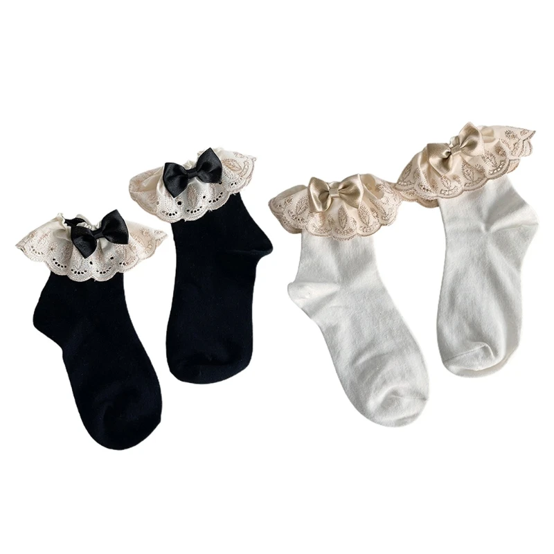 

Women Girls Lolita Sweet Bow Crew Socks Embroidery Lace Ruffled Ankle Hosiery