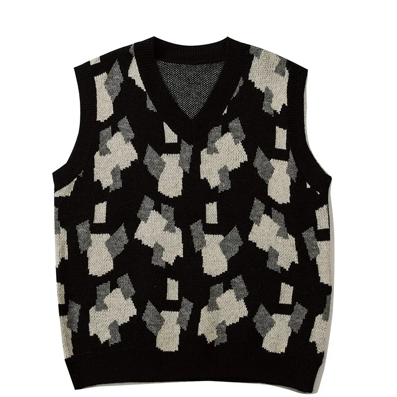 

Harajuku knitted sweater vest vintage women winter oversized geometric sleeveless sweater men Korean clothing jumper waistcoat