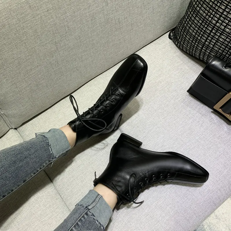 

Women Ankle Boots Genuine Leather Autumn Winter High Heels Shoes Woman Cross-tied Concise Motorcycle Boots