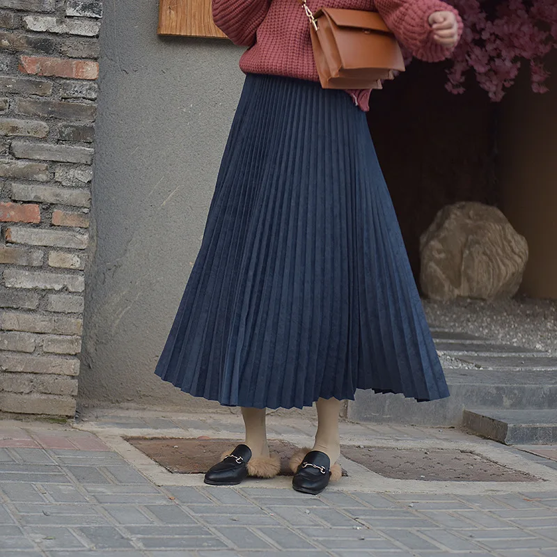 Autumn Winter Mid-Calf Korean Pink Plissee Skirt High Quality Fashion Midi Large Swing Pleated Velvet 2019 Women | Женская одежда