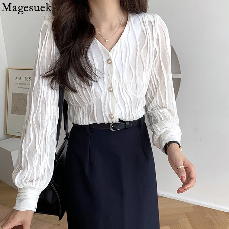 

Autumn Pleated Simple Elegant Blouse Korean Fashion V Neck Women's Shirts Loose Black Long Sleeve White Top Women Blusas 17116
