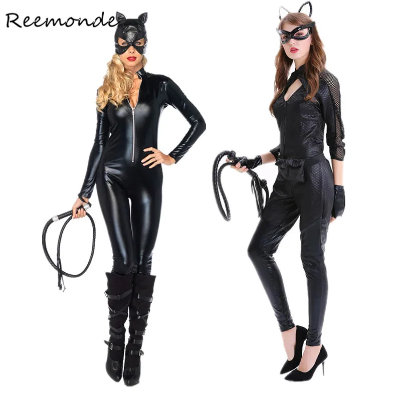 

Adult Women Cat Women Cosplay Costumes Sexy Black Synthetic Leather Catsuit Jumpsuit With Whip Cosplay Halloween Fancy Dress