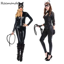 Adult Women Cat Women Cosplay Costumes Sexy Black Synthetic Leather Catsuit Jumpsuit With Whip Cosplay Halloween Fancy Dress