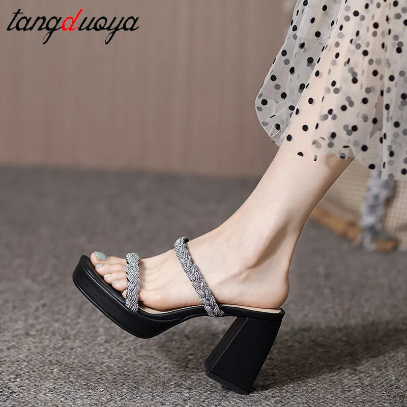 

Rhinestone slippers square heel slippers women sandals platform high heels slippers shoes woman sexy peep toe pumps heels