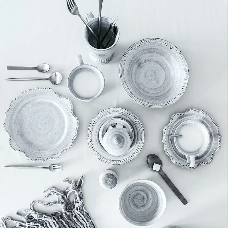 Японская керамическая фарфоровая тарелка серая винтажная для стейка кухонные