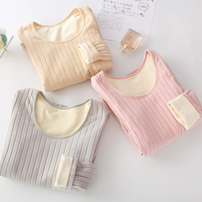 EliFashion New Velvet Thick Winter Round Neck Pit Strip Long-sleeve Bottoming Shirt Thermal Female Underwear Cold Protection Top