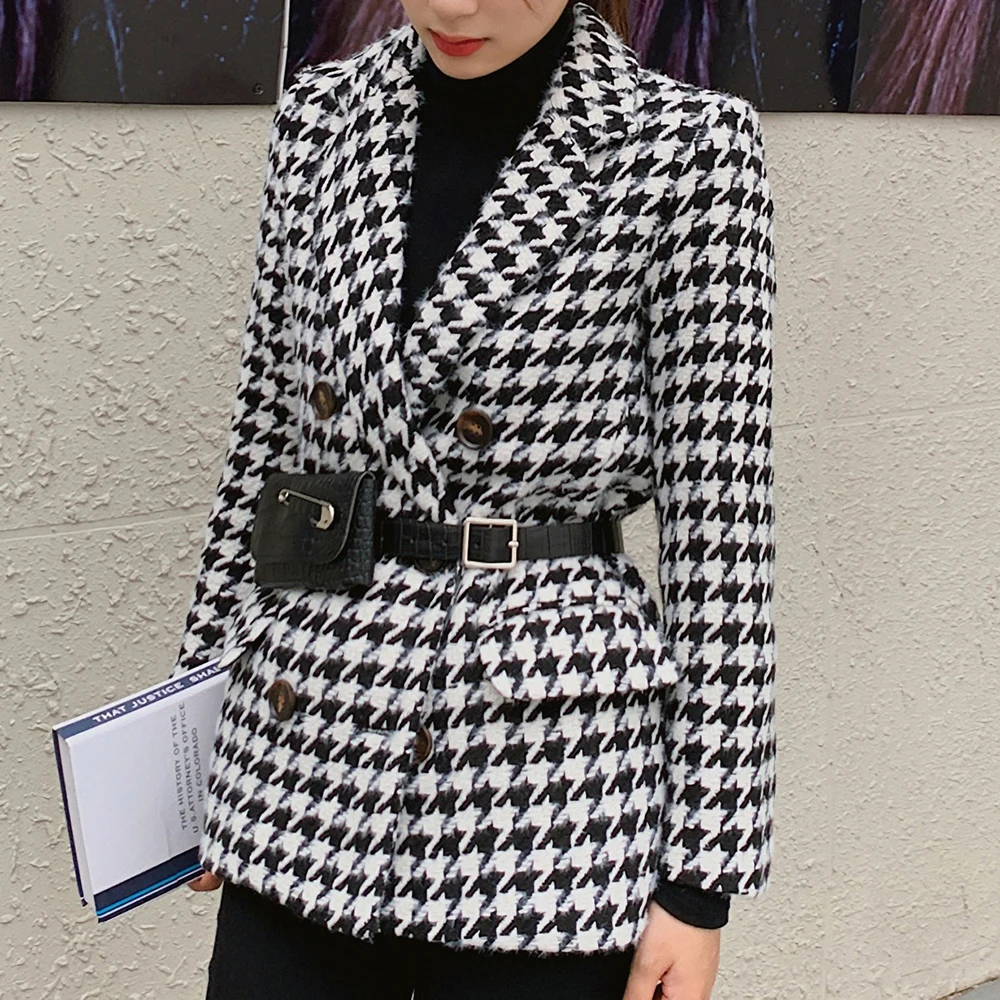 

Elegant Women Loose Woolen Plaid Blazers 2022 Autumn Winter Double-Breasted Female Full Sleeve Suit Coats Jackets Sashes WB118