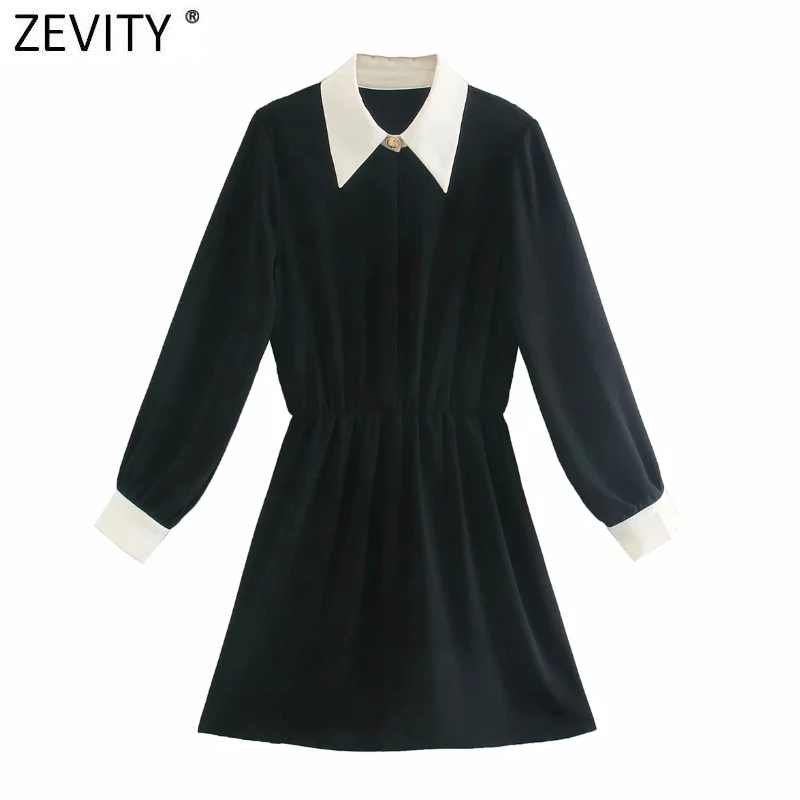 

Zevity New Women Fashion White Collar Patchwork Black Mini Dress Office Ladies Long Sleeve Buttons Chic Business Vestido DS4732