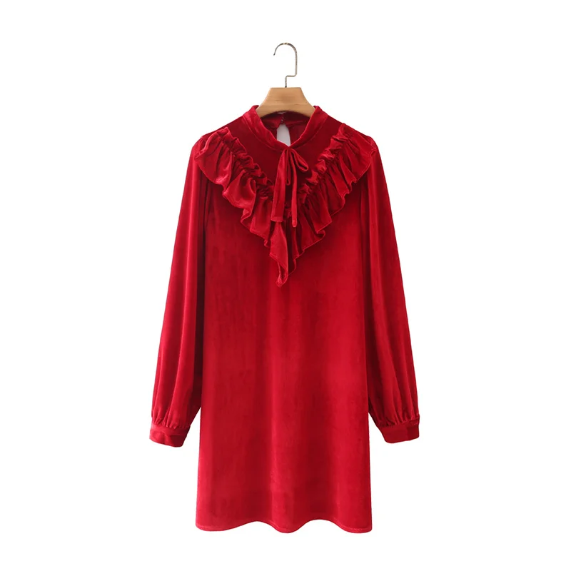

MESTTRAF Women 2021 Fashion Loose With Bow Tied Velvet Mini Dress Retro Long Sleeve Stand Neck Ruffle Dresses Streetwear