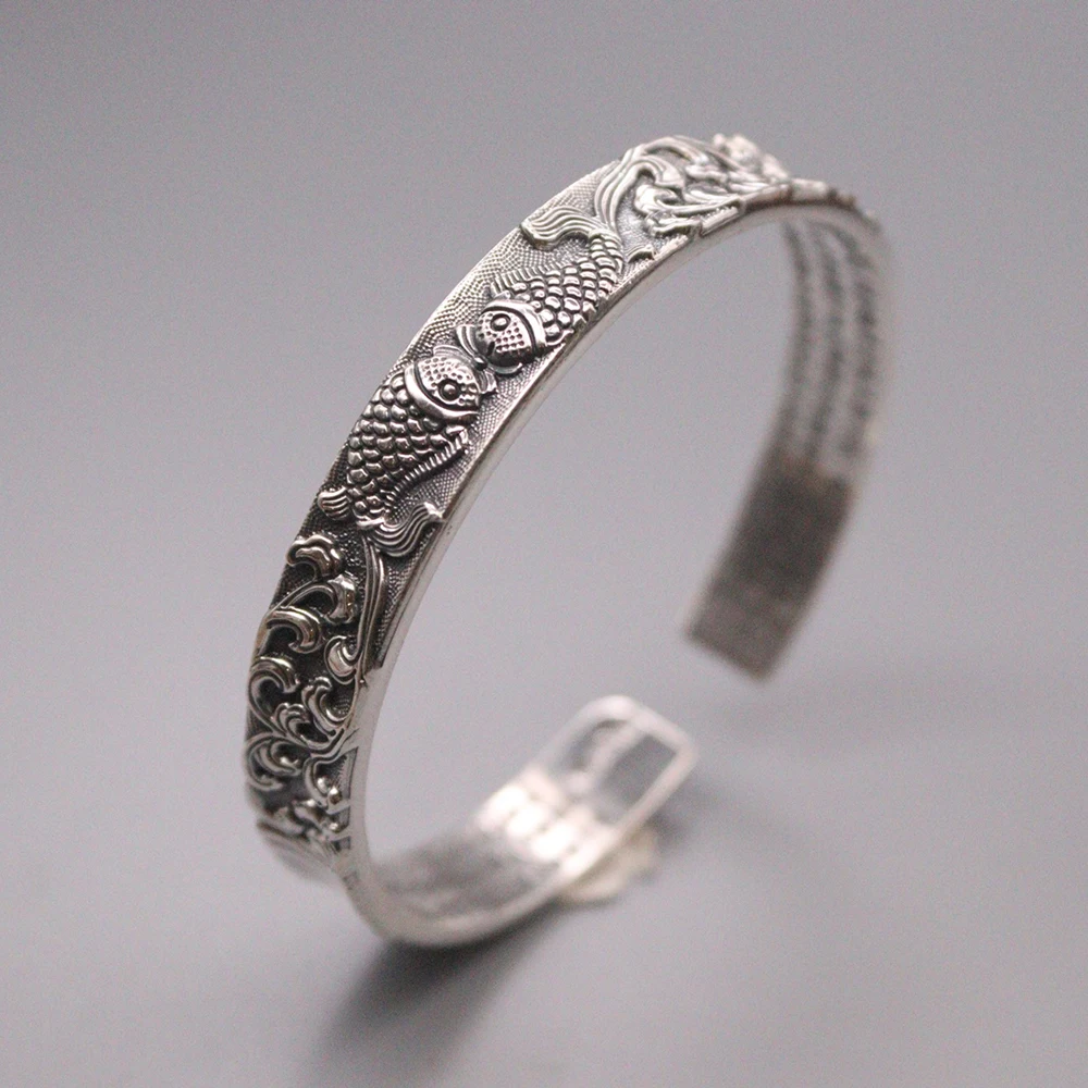 

S999 Fine Silver Bangle Women Luck Two Fish Spray Bracelet 58-64mm / 10mmW / 36-37g