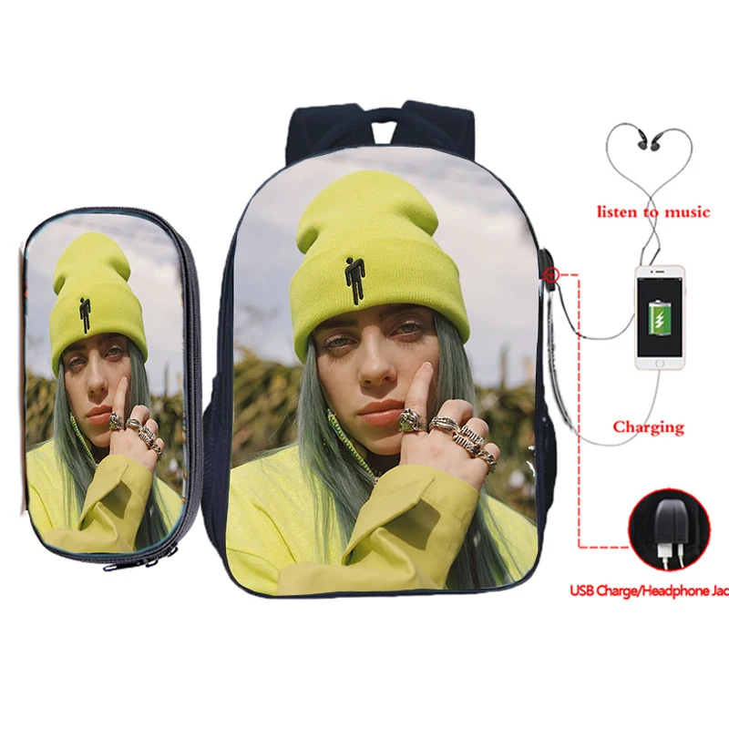 Billie Eilish рюкзак для зарядки через usb 2 шт./компл. школьная сумка для подростков мальчиков и девочек рюкзак для ноутбука пенал Дорожная сумка на плечо