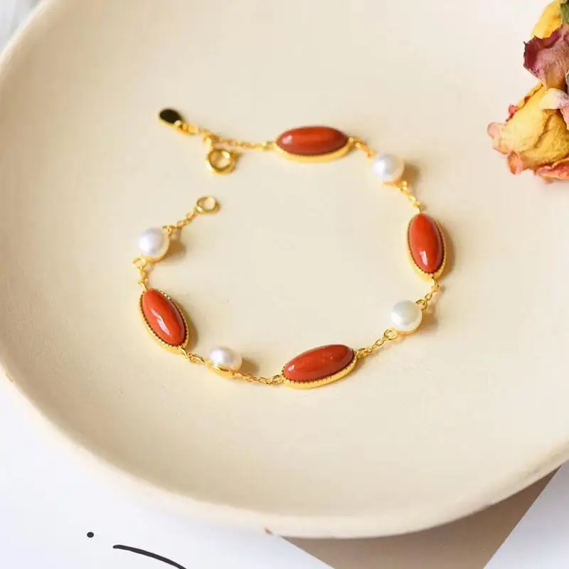 

Natural South Red Long-Shaped Egg Noodle Bracelet Female Sterling Silver Simple Temperament Wild Birth Year Red Bracelet for Gir