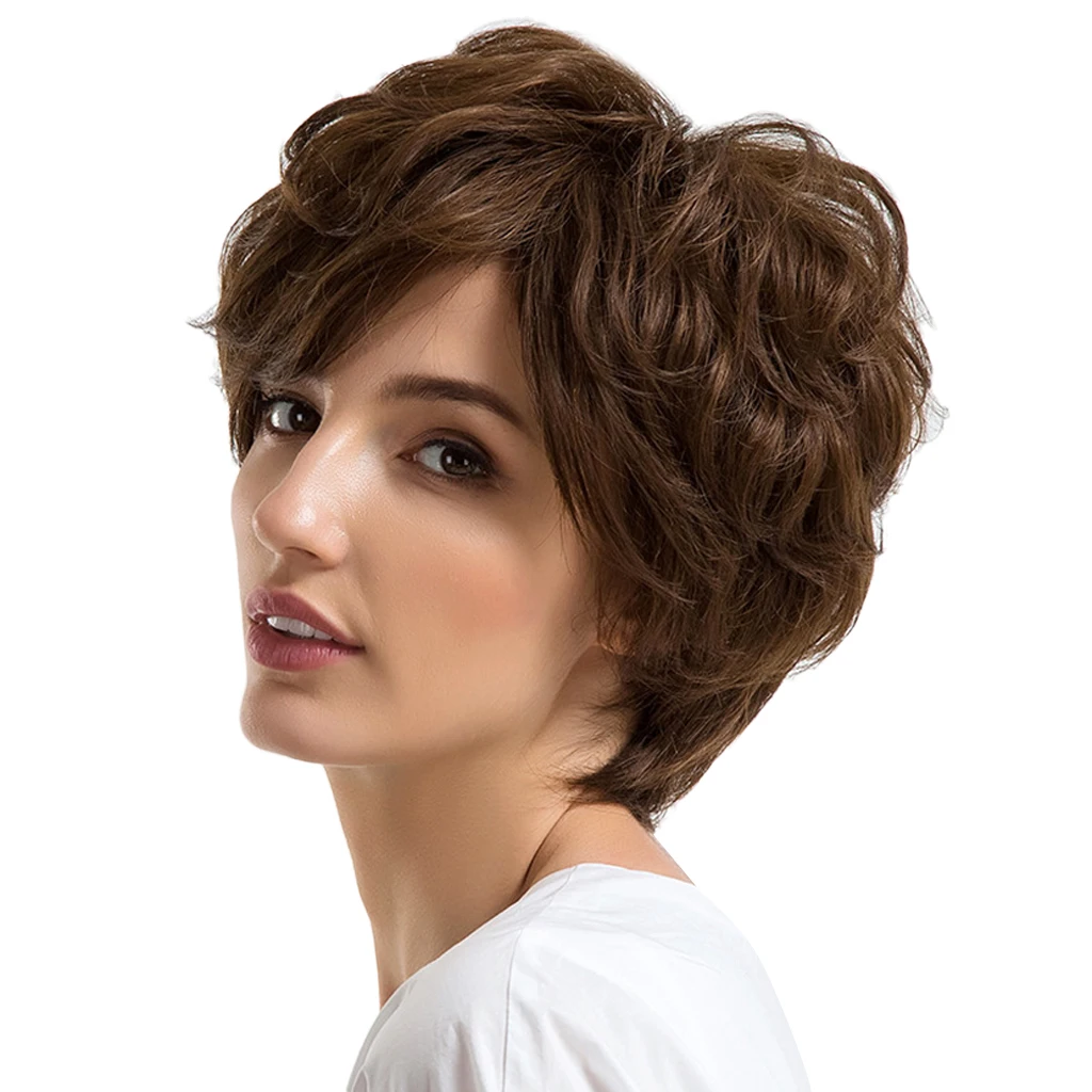 Charming Lady  Short Curly Wig Oblique Fringe Natural Brown Human Hair Heat Resistant with Free Cap 10 Inch