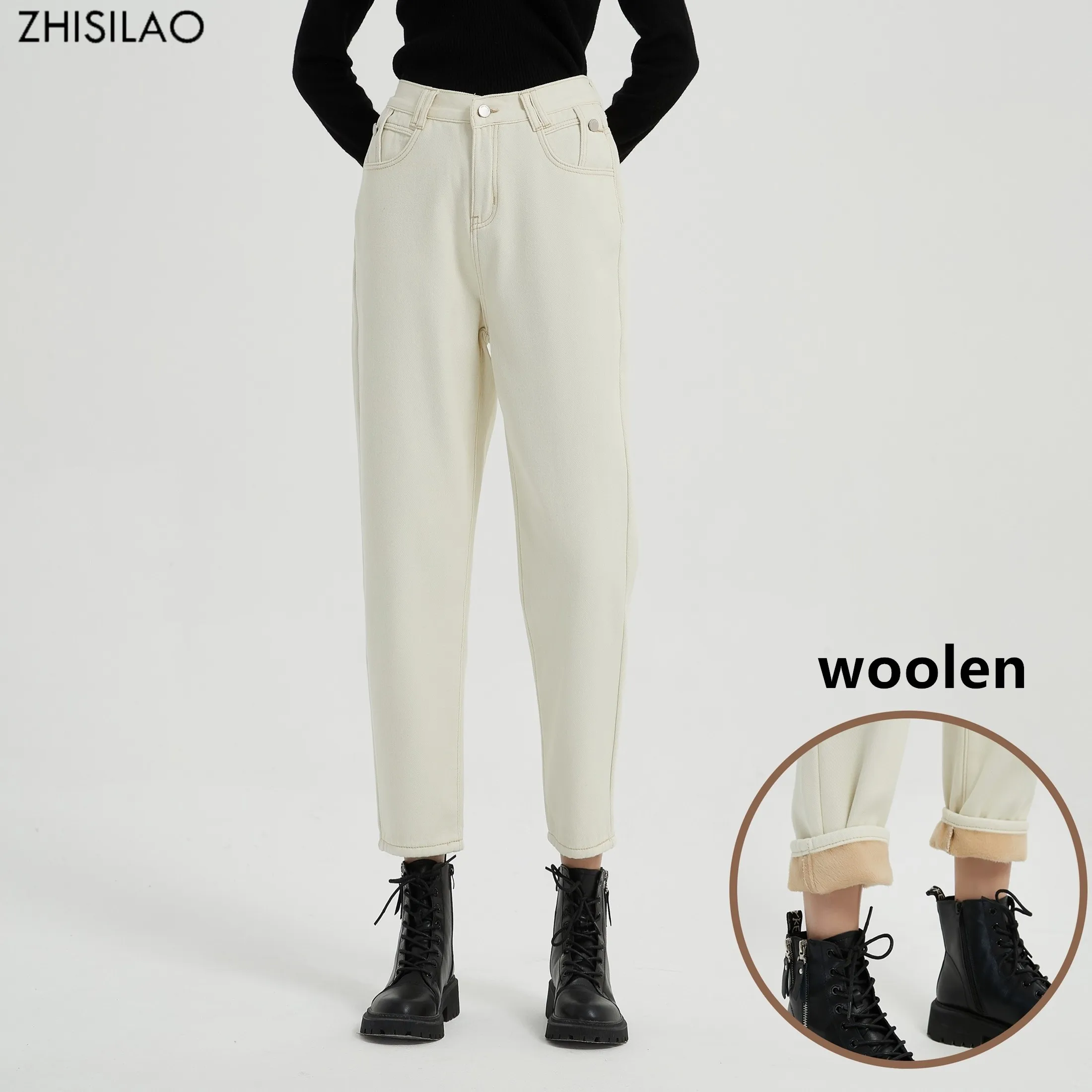

ZHISILAO New Thicken Woolen Winter Warm Harem Jeans Women Boyfriend Elastic Waist Denim Pants Streetwear 2022
