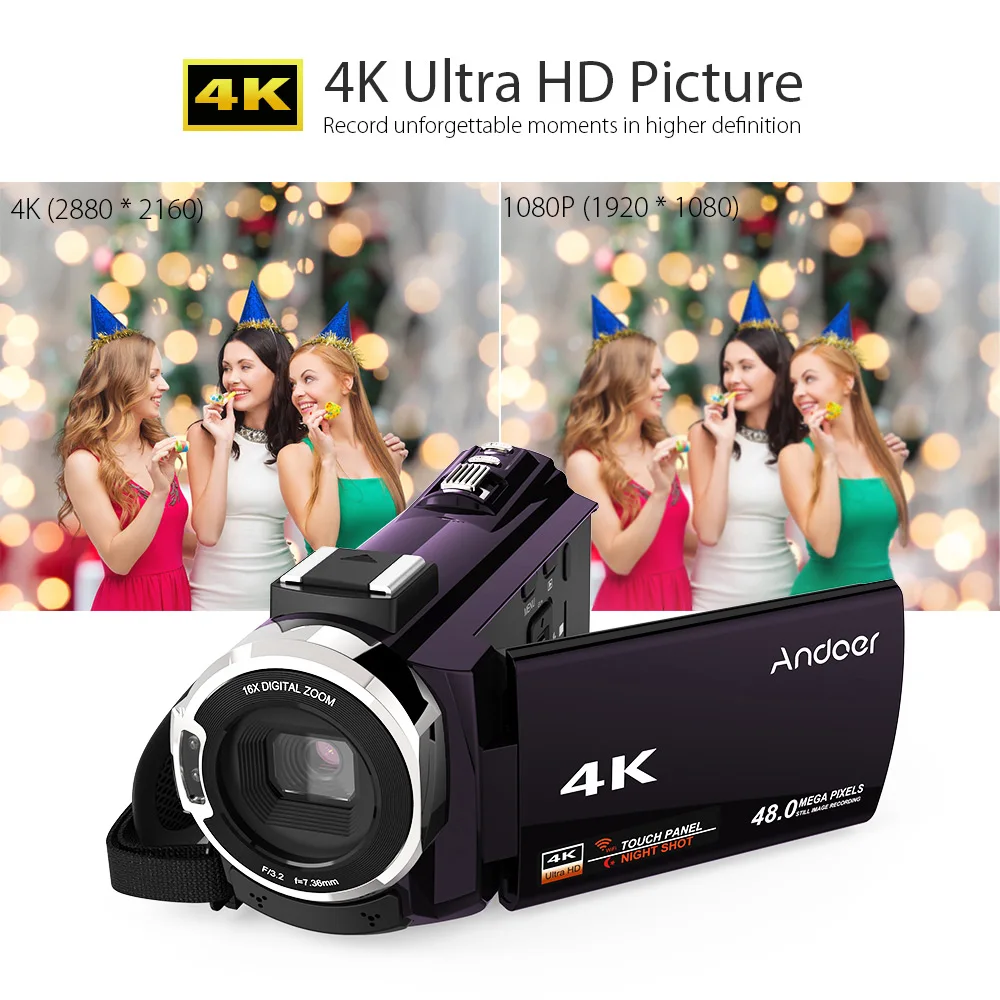 Andoer 4K 1080P 48MP 16X Zoom сенсорный экран Wi Fi ночная съемка цифровая видеокамера рекордер