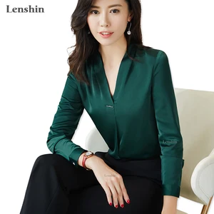 Женская рубашка с v-образным вырезом Lenshin, элегантная тканевая блузка с длинным рукавом, офисная одежда для работы, 2019