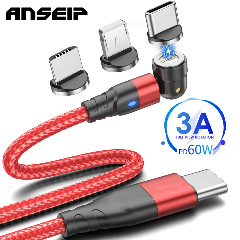 

ANSEIP PD 60W Magnetic USB Cable 3A Fast Charging USBC Type C Micro Magnet Charger Data USB Cord for iPhone Xiaomi Huawei Charge