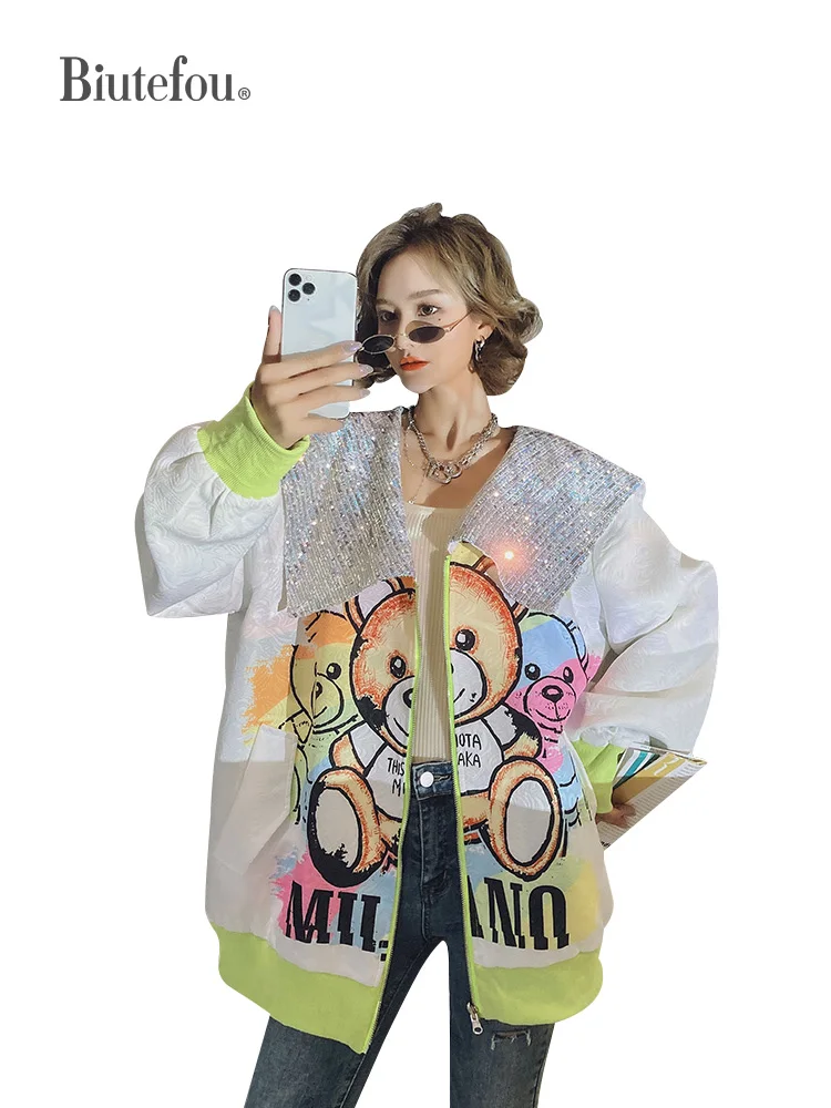 

2021 Spring Women Long Sequins Cartoon Print V-Neck Chic Loose Coat