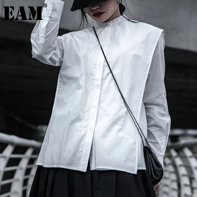 

[EAM] Women White Pleated Big Size Blouse New Stand Collar Long Sleeve Loose Fit Shirt Fashion Tide Spring Autumn 2022 1DD6207
