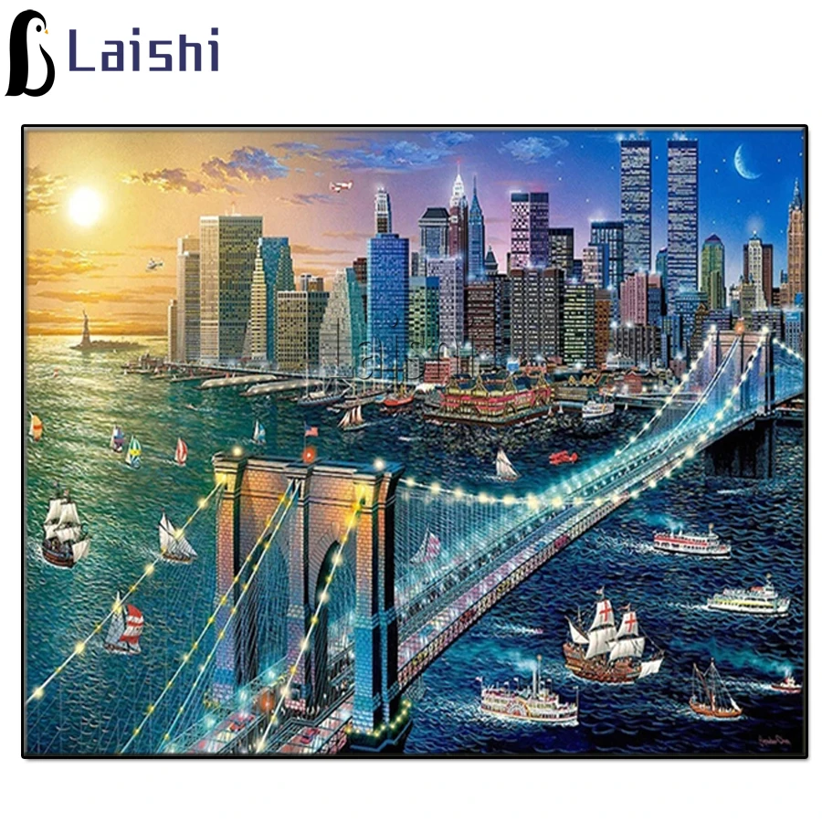 

Diy Full drill Diamond Embroidery Scenery Mosaic Diamond Painting Brooklyn Bridge Lakeside Art Cross Stitch Handmade Hobby Gift