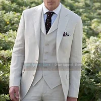 Latest Brand Linen Men's Classic Suit 3Pcs Slim Fit Prom Beach Wedding Best Man Groom Tuxedo Jacket Vest Pants Casual Clothing