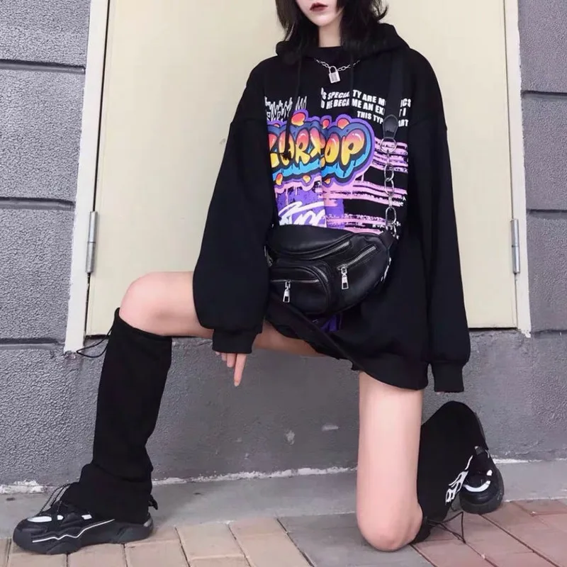 

Hip Deeptown Hop Sweashirt Women Winter Fashion Plus Velvet Hoodies Women Long Sleeve Graffiti Print Pullover Streetwear Hoodies