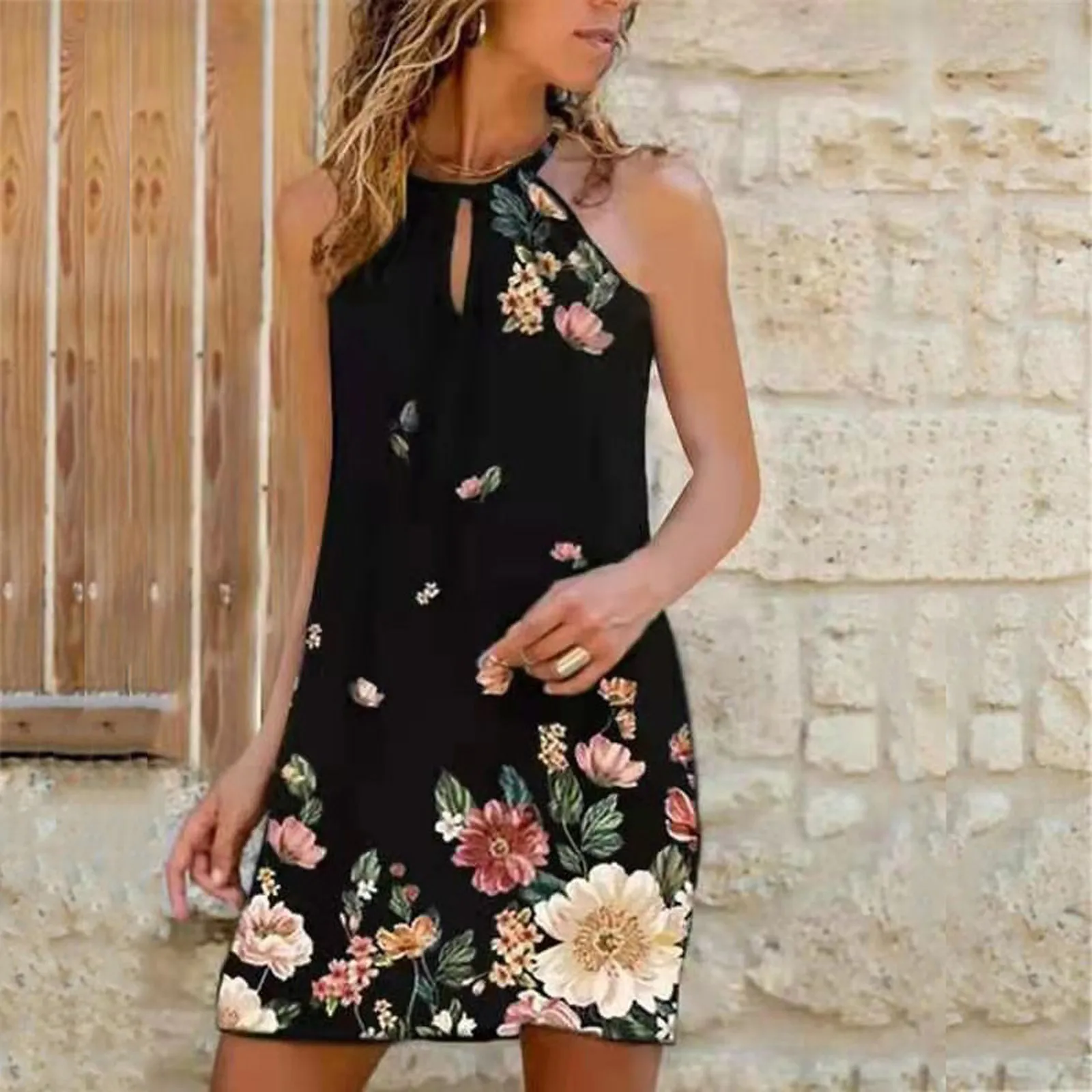 

2021Vestido corto femenino de verano con estampado Floral y cuello Halter para mujer, minivestido informal de talla g