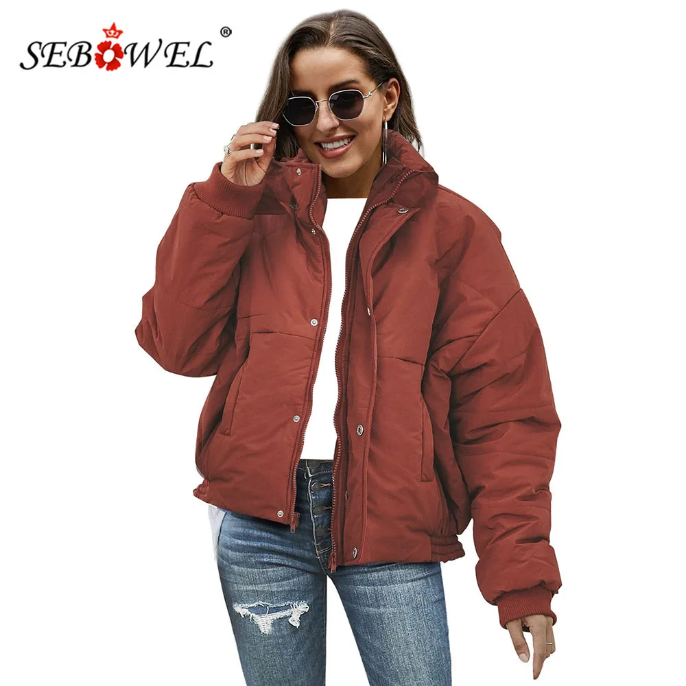 Повседневная зимняя куртка пуховик SEBOWEL большого размера для женщин однотонные
