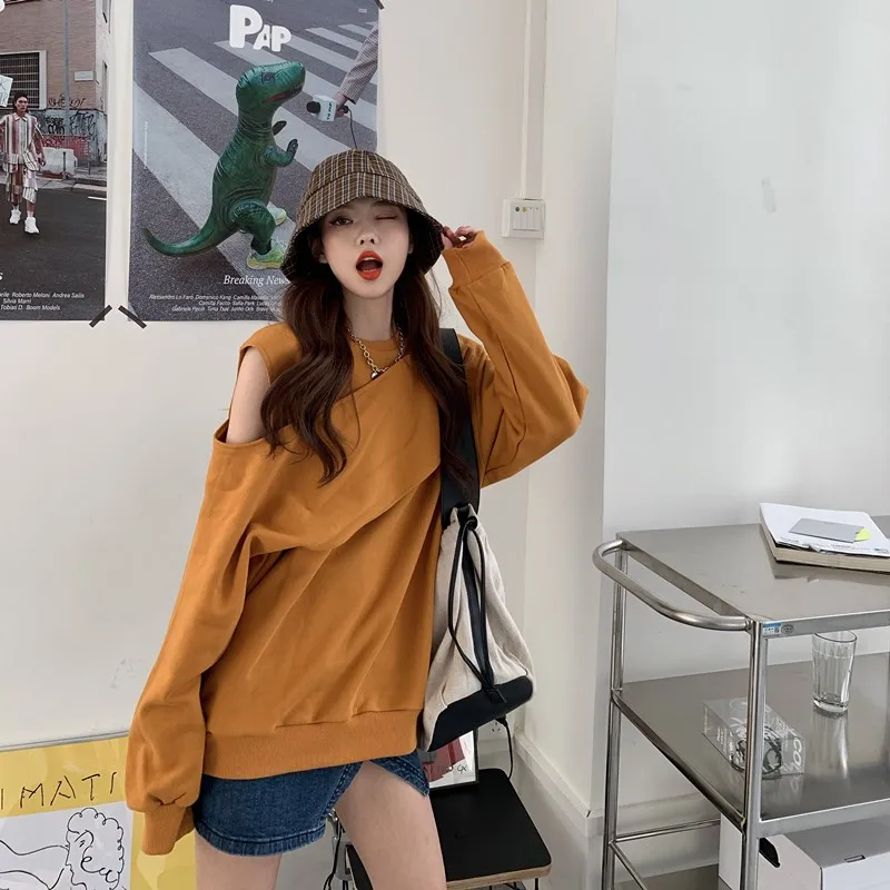 

Casual Autumn Off Shoulder Loose Oversized Hoodie Hollow Out Pullovers Women's Clothing Hipster Korean Style Sweatshirts New