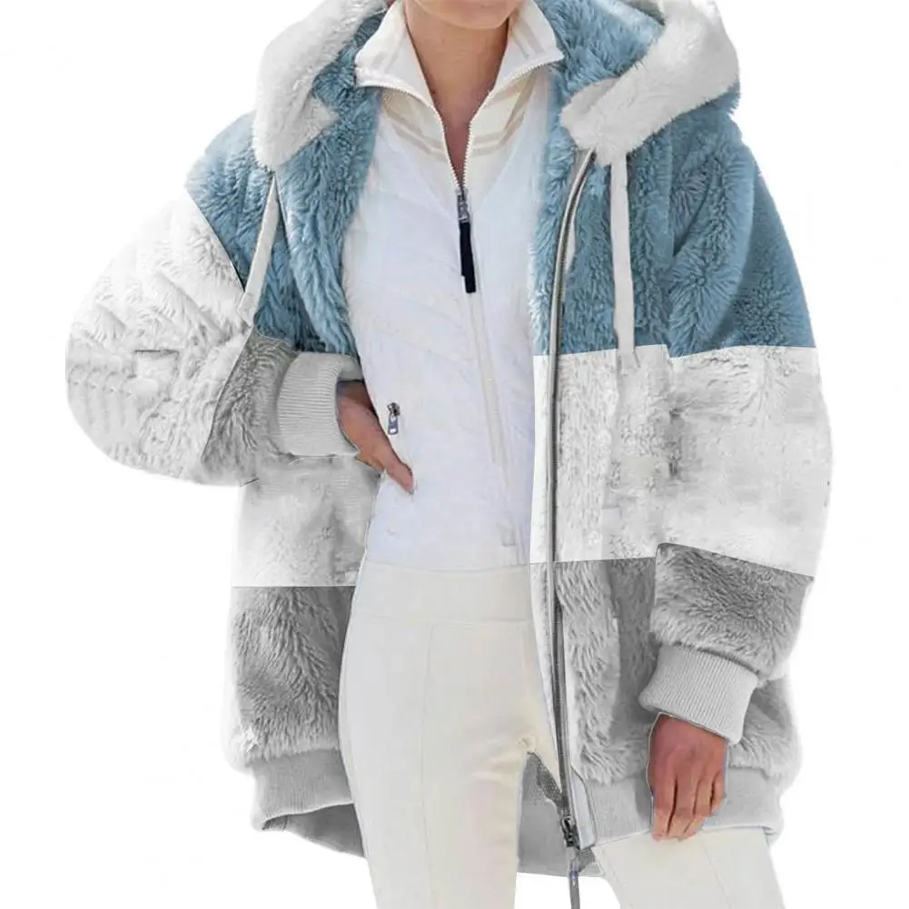 

Casual Hoodie Women Zipper Closure Long Sleeve Fleece Jacket Plush Patchwork Color Hooded Women Coat Outerwear Clothes